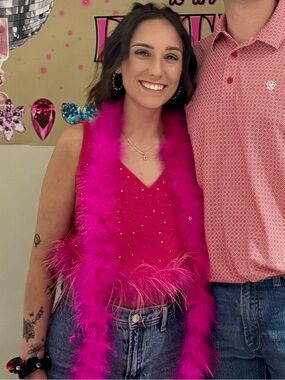 Feather-Trim Crystal Embellished Crop Top in Hot Pink